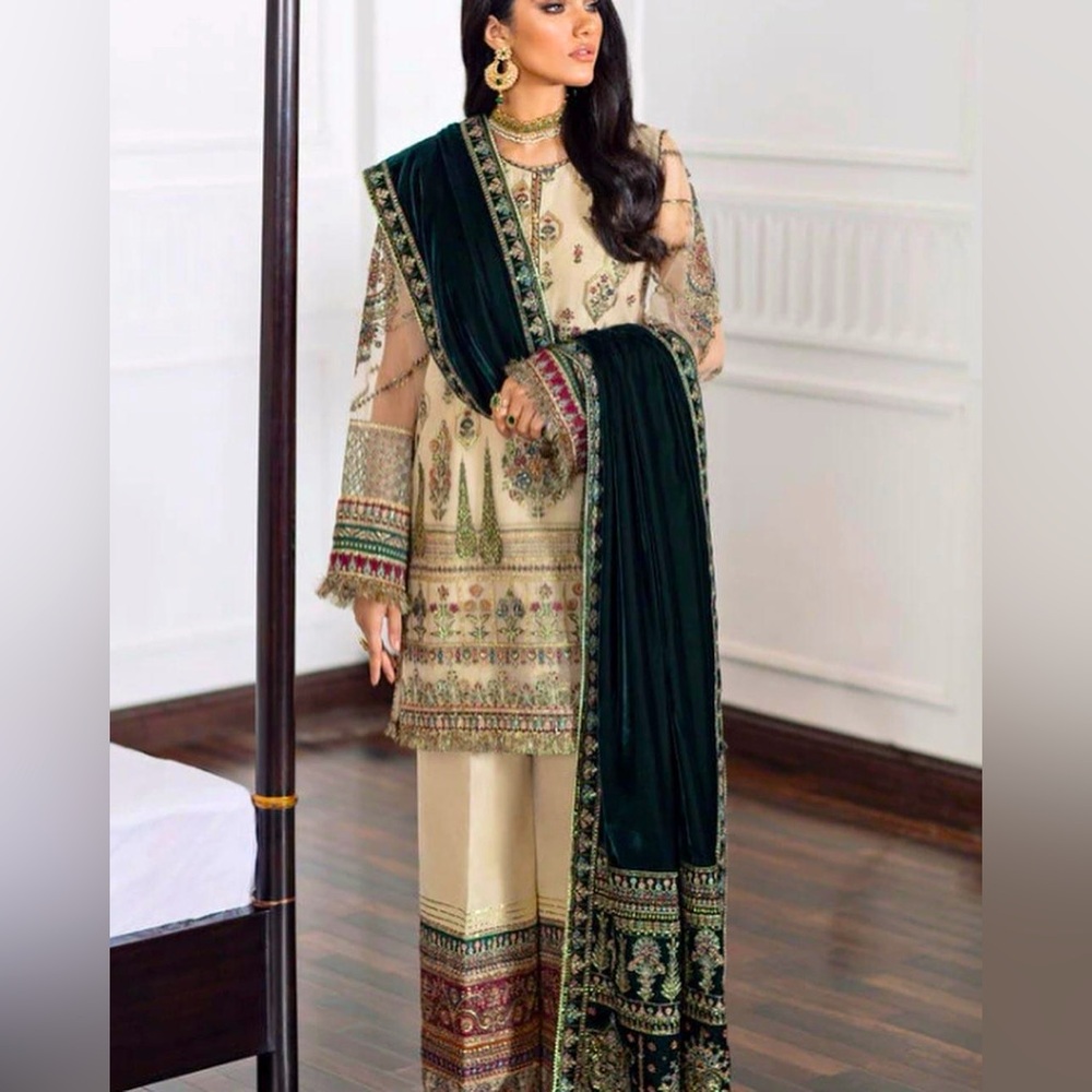 Pakistani designer shalwar trouser with velvet shawl 
. Worn once